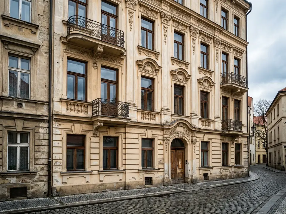 Régi városi bérház homlokzata díszes vakolattal és magas ablakokkal